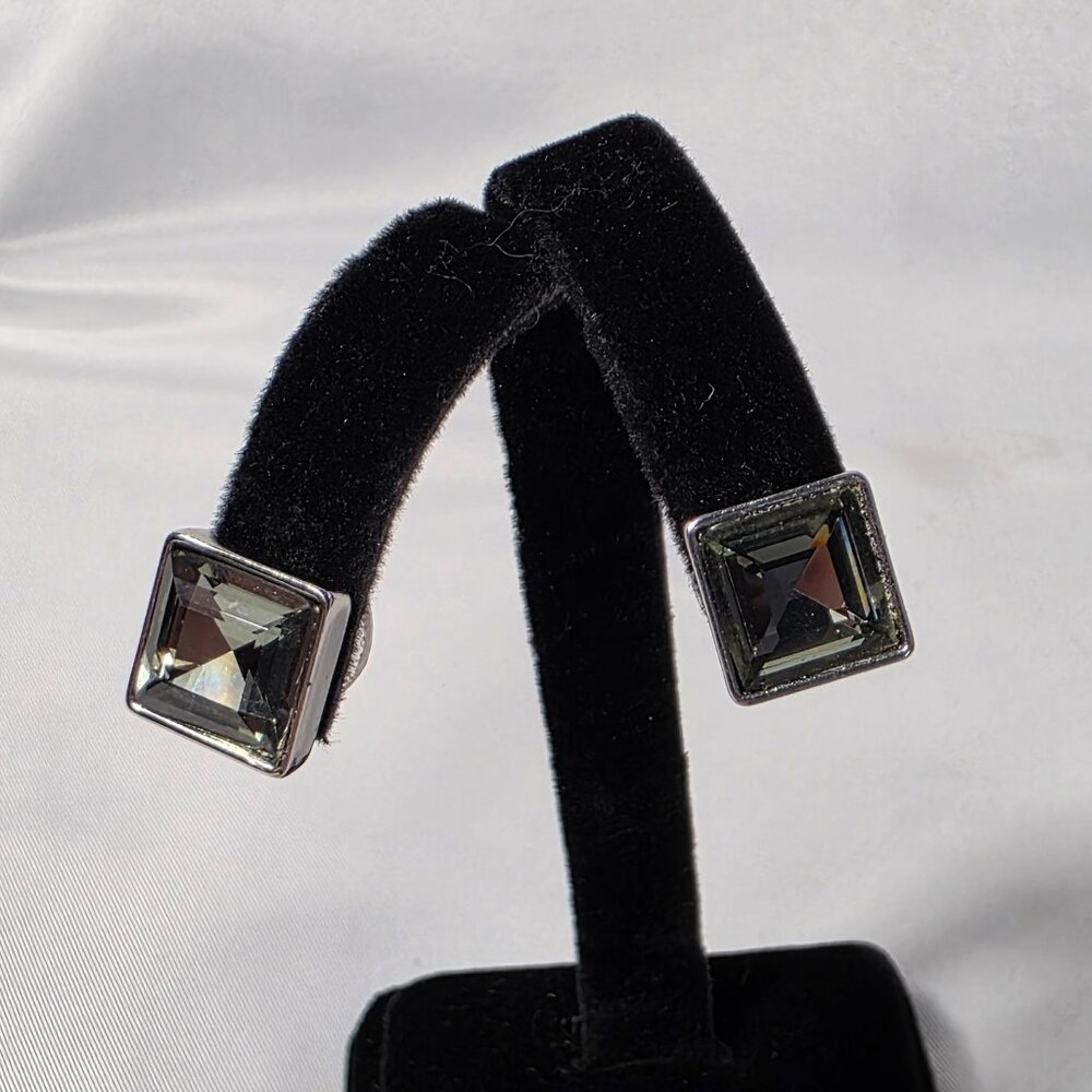 Banana Republic Smoky Gray Square Crystal Pierced Earrings Silver Tone